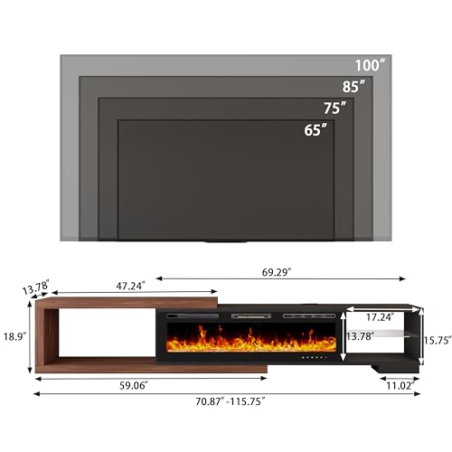 Bvldfamly Fireplace Extendable TV Stand for 120 Inch TV, Modern Entertainment Center with LED Light, Wood Reversible TV Media Console with Power Outlet for Living Room, 71"-116", Black Bvldfamly