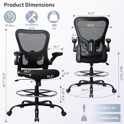 Drafting Chair, Ergonomic Tall Office Chair for Standing Desk, Counter Height Desk Chair with Adjustable Padded Armrests and Footrest Ring Standing Desk Chair Adjustable Height with Lumbar Support TOPBSHODC