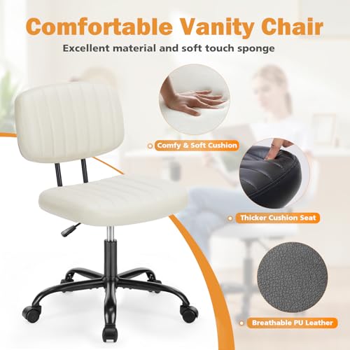 Sweetcrispy Small Office Desk Chair - Armless PU Leather with Comfy Lumbar Support, Height Adjustable Rolling Swivel Task for No Arms, for Adult, Student, Bedroom, Home, Vanity, Beige White Sweetcrispy