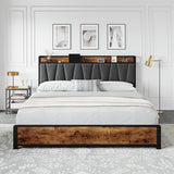 GarveeHome King Size Bed Frame with 4 Storage Drawers, Upholstered Storage Charging Headboard, Heavy Duty Metal Platform Bed Frame, Noise Free, No Box Spring Needed, Rustic Brown GarveeHome