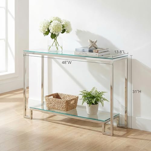 Cortesi Home Reef Contemporary 2 Shelf Glass Console Table, Silver Cortesi Home