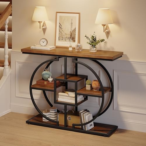 GiftGo Narrow Console Table for Entryway Industrial 4-Tier Sofa Table Behind Couch with Circle Base Rustic Wooden Accent Tables with Storage Shelves for Living Room, Hallway, Foyer (Brown) GiftGo