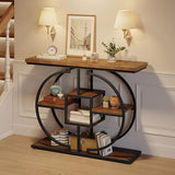 GiftGo Narrow Console Table for Entryway Industrial 4-Tier Sofa Table Behind Couch with Circle Base Rustic Wooden Accent Tables with Storage Shelves for Living Room, Hallway, Foyer (Brown) GiftGo