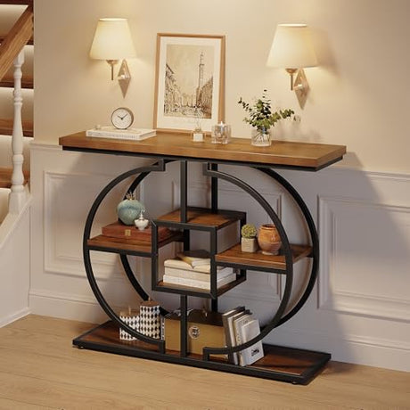 GiftGo Narrow Console Table for Entryway Industrial 4-Tier Sofa Table Behind Couch with Circle Base Rustic Wooden Accent Tables with Storage Shelves for Living Room, Hallway, Foyer (Brown) GiftGo