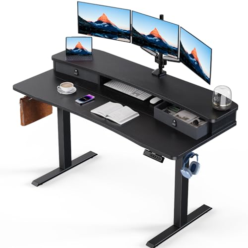 HUANUO 55″ x 26″ Electric Standing Desk with 2 Drawers, C-Clamp Mount Compatible, Height Adjustable Computer Desk, Home Office Stand Up Desk with 4 Preset Heights & 2 Hooks, Black - WoodArtSupply