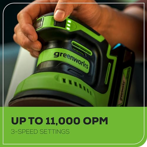 Greenworks 24V Cordless Orbital Sander, 5" Random Sanders Variable Speed, 11000 OPM, 3 Sandpaper Sheets, with 2Ah Battery and Charger Greenworks
