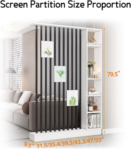 Wall Room Divider with Storage Shelves, Modern Freestanding Room Divider Screen, Open Room Wood Partition for Home & Office Decor (White + Black, 55" L x 9.5" W x 79.5" H) URMUYJJ