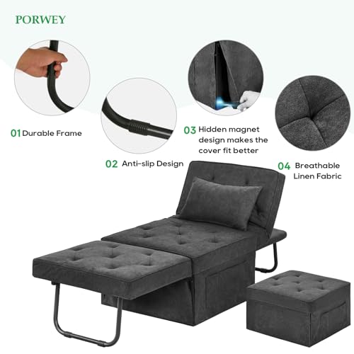PORWEY Sleeper Chair Sofa Bed, 4-in-1 Convertible Futon Chair Multi-Function Couch Folding Ottoman with Adjustable Backrest for Living Room Apartment Office, No Assembly Required, 29” Width,Dark Gray PORWEY