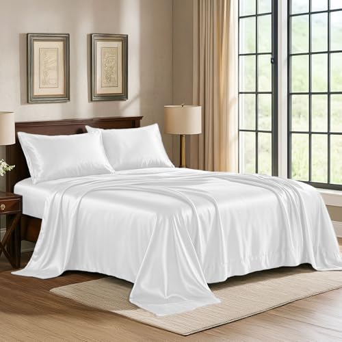 Pure Bedding Satin Sheets Twin [3-Piece, White] Hotel Luxury Silky Bed Sheets - Extra Soft 1800 Microfiber Sheet Set, Wrinkle, Fade, Deep Pocket Fitted Sheet, Flat Sheet, Pillow Cases Pure Bedding