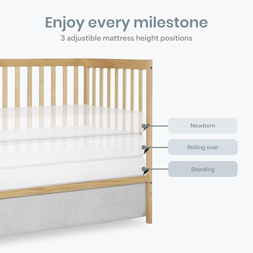 Dream On Me Synergy 5-in-1 Convertible Full-Size Baby Crib with Toddler, Day & Full Bed Conversion in Natural, GreenGuard Gold & BSA, 3 Mattress Heights, Sustainable Pinewood