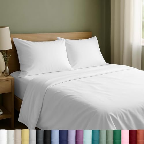 California Design Den Natural 100% Cotton Sheets Full Size Bed Set with Deep Pockets - Soft Sateen Weave, Durable Full Size Bed Sheets (White) California Design Den