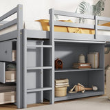 Ball & Cast Twin Loft Bed with Drawer Cabinet and Pulling -Out Desk,Rubber Wood Bed Frame w/Safety Guardrail & Ladder,Space-Saving Furniture for Girls Boys Student Dorms,Grey Ball & Cast