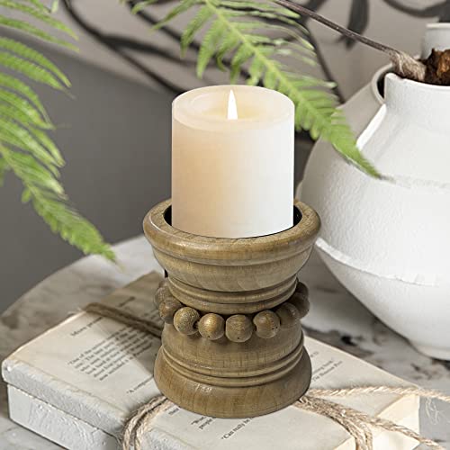 dwellington Farmhouse Rustic Wood Pillar Candle Holder for Pillar Candles, Decorative Beaded Candlestick Holder Stand for Home Décor, Gifts, Wedding (Natural)