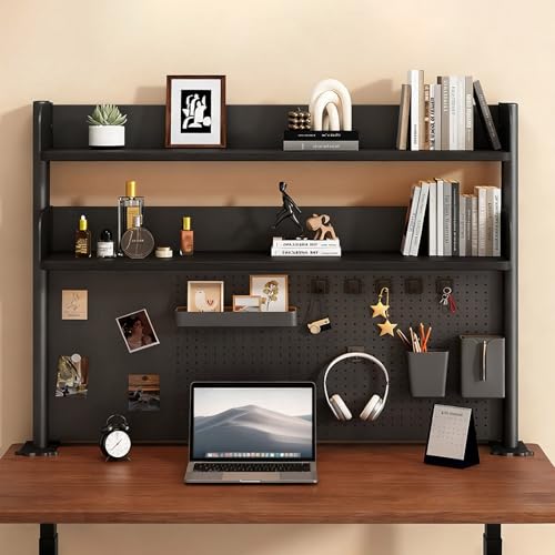 Clamp On Desk Shelf Organizer with Pegboard Desk Hutch Dorm with Storage Bookshelf Desk Top Organizer Shelf Multi-Purpose White & Black Desktop Shelves & Office Shelves (Black, W - 23.6") Lefedrasticity