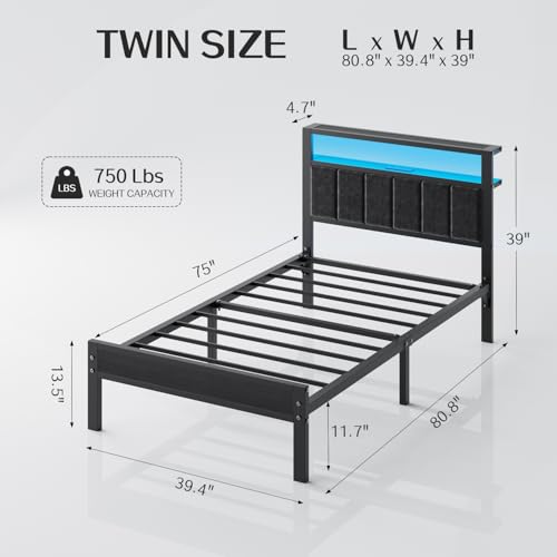 OLEVS Twin Bed Frame with LED Lights & USB Outlets, Platform Twin Bed with Storage Headboard, No Box Spring Needed, Easy Assembly OLEVS
