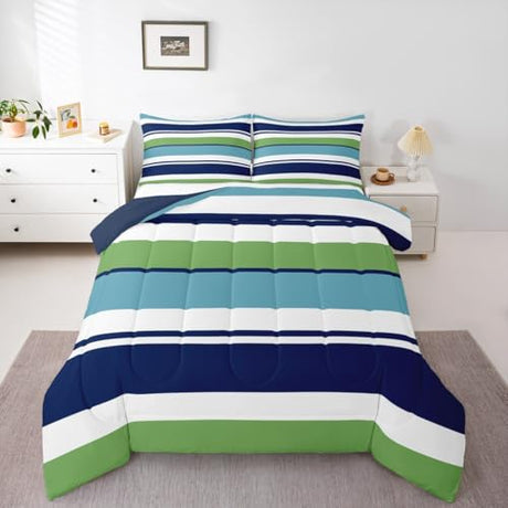 Green Blue Striped Boys Comforter Set Twin Size Navy Blue Turquoise Stripes Bedding Sets Patchwork Ombre Lightweight Soft All Season Down Alternative Comforter Home Decor (1 Comforter, 1 Pillowcase) Erosebridal