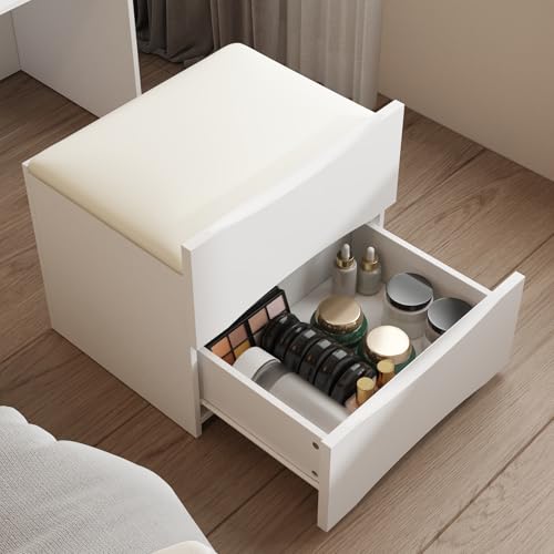FUFU&GAGA Vanity Desk with Flip Top Mirror and Lights, Small Makeup Vanity Set with Glass Shelf, Space Saving Dressing Table with 3 Drawers & Cushion Stool for Bedroom, White 18.7”W x 15.7”D x 47.2”H FUFU&GAGA