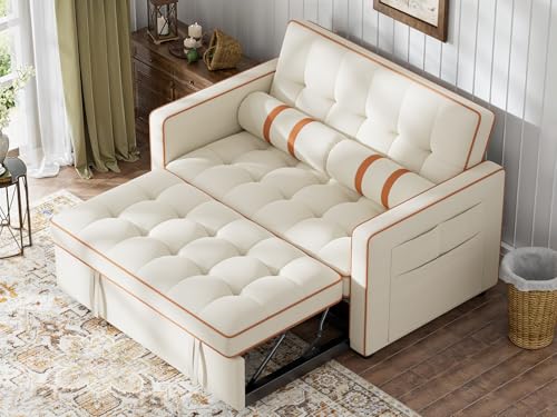 Marsail 3-in-1 Convertible Futon Sleeper Sofa Bed, Pull Out Couch with Adjustable Backrest, USB Charging & Side Pockets, Velvet Fabric Sofa Loveseat for Living Room, Apartment, Ivory White Marsail