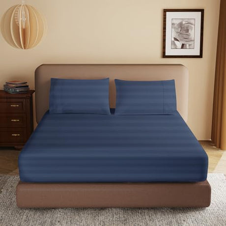100% Egyptian Cotton Fitted Sheet Twin Size, 600 Thread Count, Single Fitted Sheet Only,8”-16" Deep Pocket Sheet, Soft & Elastic Sateen Weave Bottom Sheet for Home(Navy Blue-Stripe, Twin) Zaizaihome
