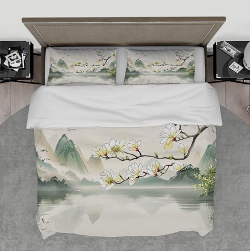 OLLIAR Home Magnolia Duvet Cover Chinese Landscape Ink Painting Green White Bedding Mountain Botanical Flowers Comforter Cover with 2 Pillowcases Super King Size OLLIAR Home