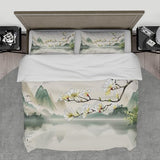 OLLIAR Home Magnolia Duvet Cover Chinese Landscape Ink Painting Green White Bedding Mountain Botanical Flowers Comforter Cover with 2 Pillowcases Super King Size OLLIAR Home