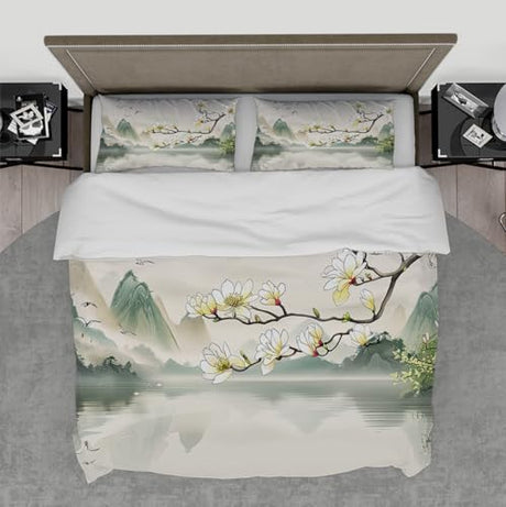 OLLIAR Home Magnolia Duvet Cover Chinese Landscape Ink Painting Green White Bedding Mountain Botanical Flowers Comforter Cover with 2 Pillowcases Super King Size OLLIAR Home