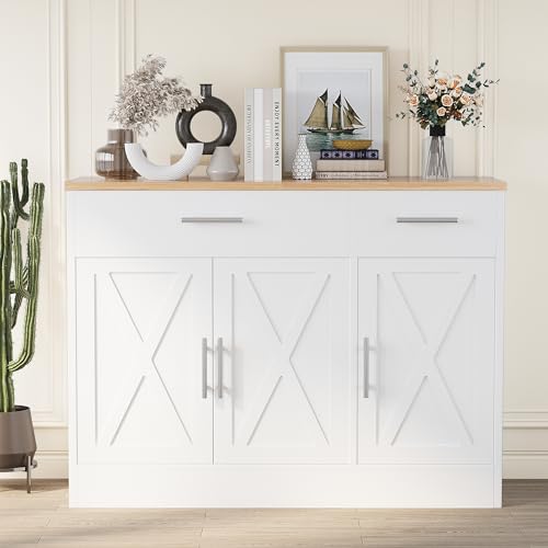 Shintenchi Modern Farmhouse Sideboard Buffet Cabinet with Storage with 3 Doors,42" Barn Doors Buffet Cabinet with Storage, Wood Coffee Bar Cabinet with Adjustable Shelf for Kitchen Living Room,White Shintenchi