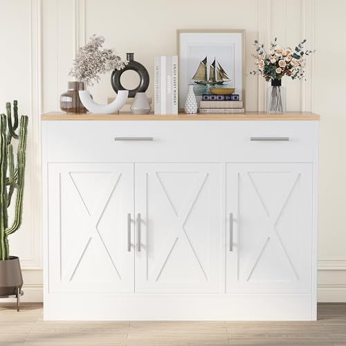 Shintenchi Modern Farmhouse Sideboard Buffet Cabinet with Storage with 3 Doors,42" Barn Doors Buffet Cabinet with Storage, Wood Coffee Bar Cabinet with Adjustable Shelf for Kitchen Living Roo - WoodArtSupply