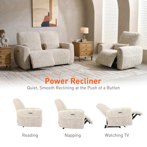 EONIX Real Zero Clearance Wall Hugger Power Recliners for Small Spaces, RV Recliner Chairs with Charging Ports and Side Pokects, 400lbs Heavy Duty, SXXY015, Plush Fabric, Beige