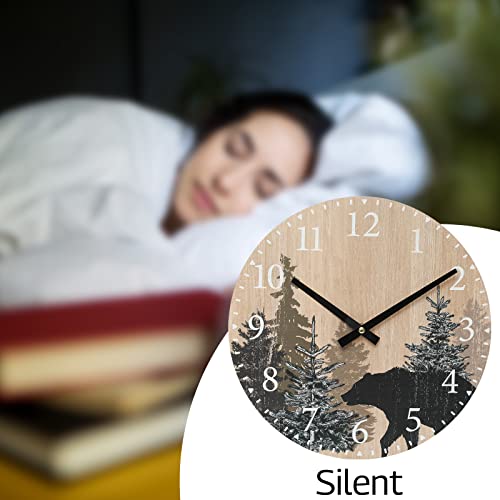 SwallowLiving Cabin Bear Wall Clock 12 Inch Silent Non Ticking Clock Wooden Forest Wildlife Mountain Lodge Wall Clock Battery Operated Rustic Farmhouse Wall Clock SwallowLiving