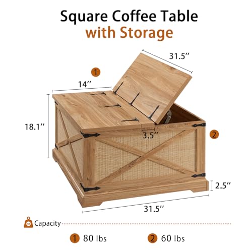 Barnyatoh Farmhouse Square Coffee Table with Storage, Boho Rattan Wood Center Table with Hinged Lift Top, Rustic Cocktail Table with Large Hidden Storage Compartment for Living Room, Bedroom Barnyatoh