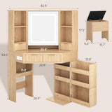 HAUOMS Fluted Corner Vanity Desk with Mirror Lights, Makeup Vanity with Charging Station, Drawers & Rotating Cabinets, Corner Vanity with Storage Bench, for Bedroom, Natural Wood HAUOMS