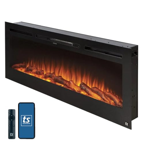 Touchstone Smart Electric Fireplace-The Sideline 50 Inch Wide-in Wall Recessed-30 Realistic Ember Color/Flame Options-1500W Heater w/Thermostat-Black- Log & Crystal Hearth Options -Alexa/WiFi Enabled Touchstone