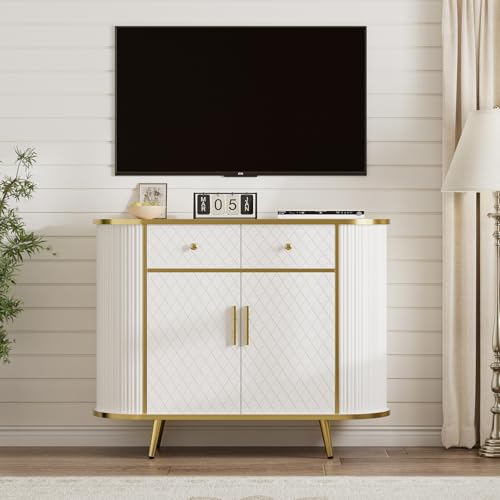 LUMIINOFAMI Sideboard Buffet Cabinet with Storage, 43.3'' Modern Coffee Bar Entryway Cabinet with Drawers, Console Table with Storage Gold Sealed Edge Luxury Style for Living Room, Hallway (White) LUMIINOFAMI