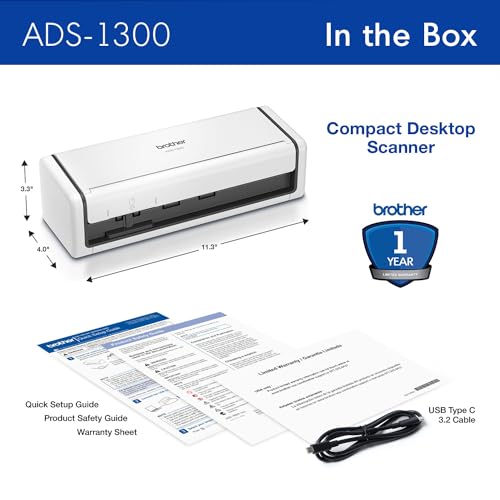 Brother ADS-1300 Compact Desktop Scanner | Scan Speeds of Up to 30ppm | Single Pass Double-Sided Scanning Brother