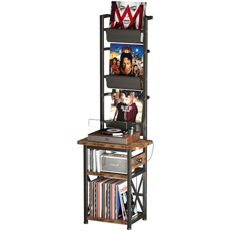 Homeiju Record Player Stand with Power Outlet, 6 Tier Vinyl Record Display Shelf, Record Player Table with album storage up to 200 Albums, Console Organizer Display Shelf, Gifts for Music Lovers Homeiju