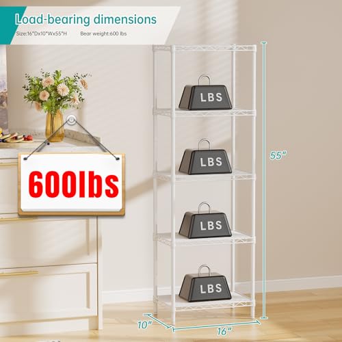 SINGAYE 5 Shelves Storage Shelf Wire Closet Bathroom Organizers Metal Pantry Kitchen Small Garage Shelving Unit Laundry Room Organization Home Corner Rack Estantes para Cocina White 10" Dx16 Wx55”H SINGAYE