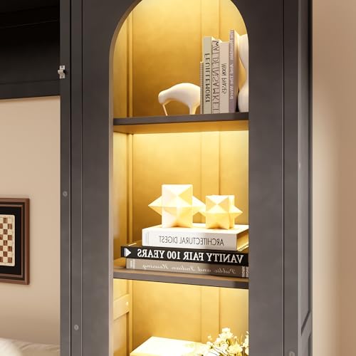 DNChuan Queen Size Horizontal Murphy Cabinet Wall Bed with Desk Combo and Storage Drawers, Foldable Bed with Side 4 Layers Bookshelf Built-in LED, Space Saving, Gray DNChuan