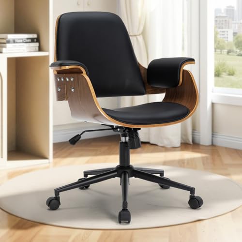 Mid Century Modern Home Office Chair,Ergonomic U-Shape Mid Back Executive Chair,Adjustable Height Swivel Computer Chair with Walnut Finish & PU Leather,Accent Chairs for Study Bedroom Workspace(Black) Soxiar