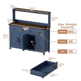 VVFLU Hutch Storage Buffet Cabinet with Drawers, and Charging Station, Coffee Bar Cabinet with Barn Doors, Wine Rack and Hooks, Blue Wood Sideboard Buffet for Kitchen, Dining Room, 54.1" High VVFLU