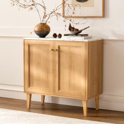 EYYTHUNG Storage Cabinet Sideboard Buffet Cabinet, Modern Accent Cabinet with Faux Marble Top & Adjustable Shelves, Wooden Credenza, Console Table Entryway Cabinet for Living Room, Oak - WoodArtSupply