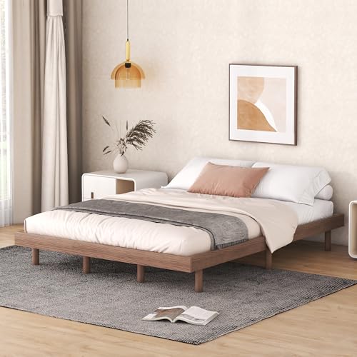 Dolonm Queen Size Modern Low Profile Floating Bed Frame in Walnut - WoodArtSupply