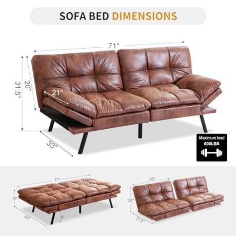 MUUEGM Faux Leather Futon Bed, Convertible Memory Foam Sofa Bed, Modern Love Seat for Living Room,Compact Space,Apartment,Office,Adjustable Backrests Armrests Couch Sleeper,71" Sofas, Brown MUUEGM
