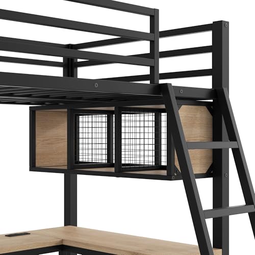 LUMISOL Twin Size Double Loft Bed with Desk and LED Light, L-Shaped Metal Loft Beds with Charging Station for 2 Kids, Metal Double Loft Beds Frame with Storage, Black LUMISOL