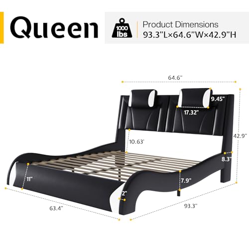 Jocisland LED Queen Bed Frame, Modern Faux Leather Upholstered Platform Bed Frames with Headrest Headboard, Low Profile Bed with Wave-Like Curve Design, No Box Spring Needed, Easy Assembly, Black Jocisland