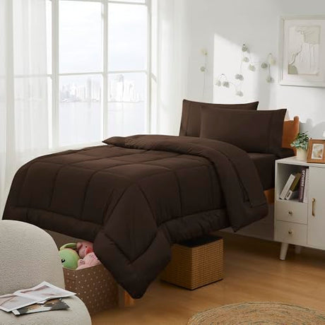 Dorm Room Essentials College Bedding Comforter Set 5 Piece Twin Size Bed in a Bag for College Students Boys and Girls, Twin, Chocolate Brown Sweet Home Collection