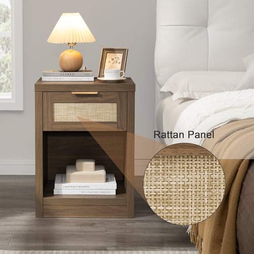 OAKHAM HOME Nightstand Set of 2, Rattan Night Stand with Type-C Charging Station, Bedside Table with Drawer, Boho Bed Side Table End Table Accent Table for Bedroom Living Room (Special Walnut - WoodArtSupply