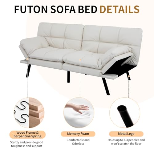 MUUEGM Convertible Memory Foam Sofa Bed with Adjustable Backrest & Armrest, Modern Futon Couch for Living Room, Office, Apartment, Space-Saving Design, Easy Assembly,White MUUEGM