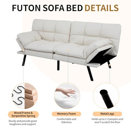 MUUEGM Convertible Memory Foam Sofa Bed with Adjustable Backrest & Armrest, Modern Futon Couch for Living Room, Office, Apartment, Space-Saving Design, Easy Assembly,White MUUEGM