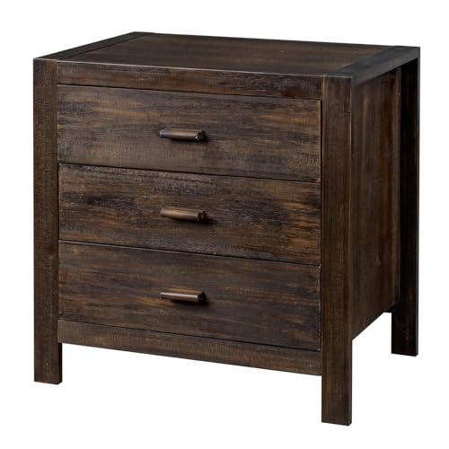 Karl home Farmhouse Nightstand with Charging Station, Solid Pine Wood 3 Drawer Night Stands for Bedroom, Bedside Table with 2 USB Ports & 2 AC Outlets, Vintage End Tables, Brown Karl home